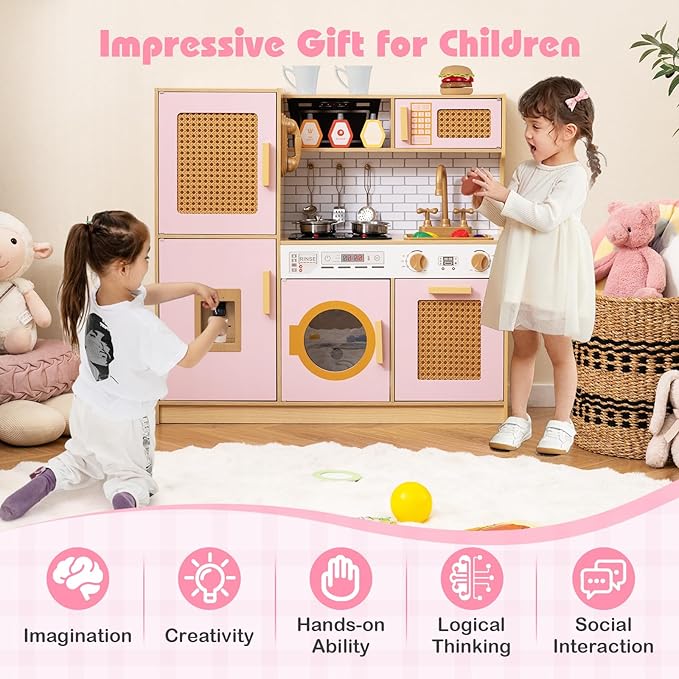 Costzon Kids Kitchen Playset, Wooden Play Kitchen w/Rattan Door, Realistic Lights & Sounds, Water Dispenser, Washing Machine, Cooking Accessories, Montessori Toy for Kids 3+ Year Old (Pink)