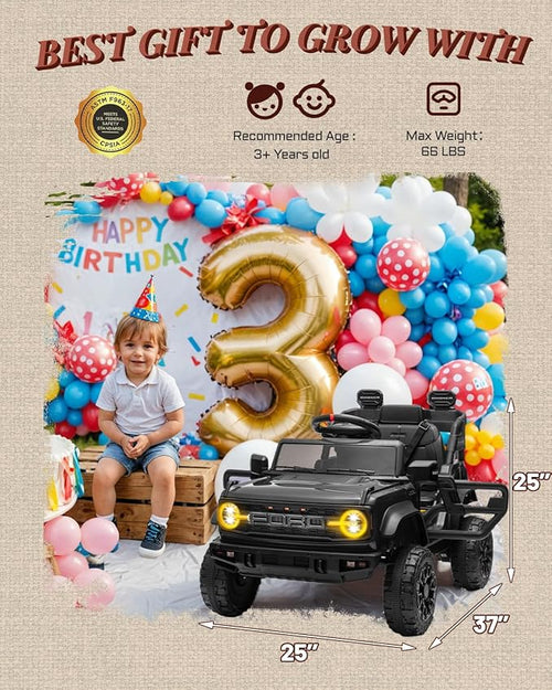 12V Ride on Toys for Kids, Licensed Ford Bronco Raptor Children Electric Vehicles, Toddler Battery Powered Car with Double Doors, 3 Point Safety Belt, Led Lights (12V, Black)