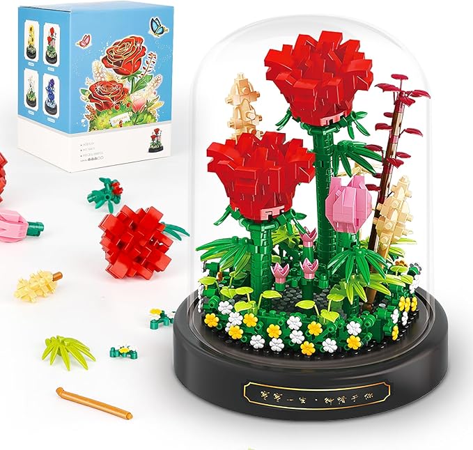 QLT QIAOLETONG Flower Bouquet Building Set, 593 PCS Red Rose Mini Building Blocks Kit for Adults, Flowers Botanical Collection for Home Decor, Mother's Day for Her Mom Women Wife Girlfriend