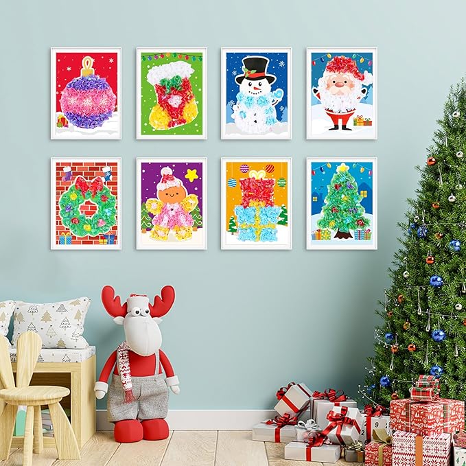 Lonfliness 8PCS Poke-in Craft and Art Kits Kids Christmas No-Mess Fabric Sewing Art Girl Boy 4-12 Puzzle Puncture Painting Santa Snowman Gingerbread Xmas Toy Gift Creative Activity Game Birthday Party