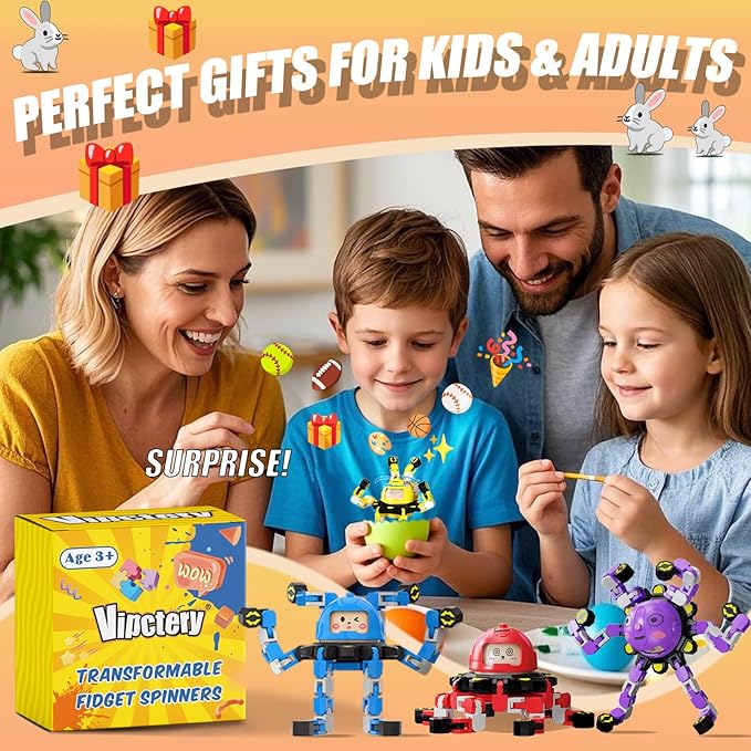 8Pcs Transformable Fidget Spinners for Kids Fidget Toys Teens Adults Sensory Toys with Autism ADHD Stocking Stuffers Bulk Gifts for Boys Girls Party Favors Travel Activities A