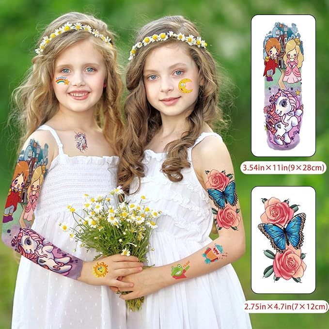 52 PCS Temporary Tattoos for Kids Full Arm Sleeve Fake Tattoos, Dinosaur Monster Car Planet Spider Shark Sticker for Boy, Princess Castle Dolphins Temporary Tattoos for Girl