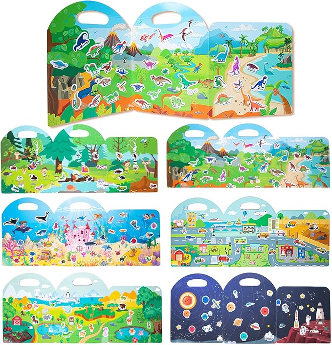 6 Pack Jelly Reusable Sticker Books for Toddlers 1-3 2-4 Years, Portable Travel Toys Sticker Activity Book for Kids 2 3 4 Year Old Girls Boys, Animal Insect Dinosaur Ocean Space Car