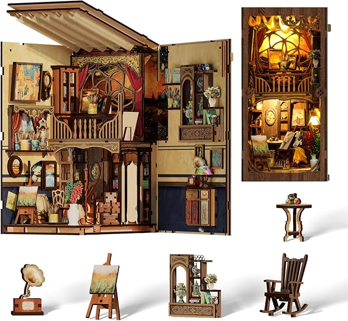 Book Nook Kit - DIY Miniature Dolls House Kit with Furniture and LED Light, 3D Puzzle Wooden Art Bookends, Model Kits for for Adults and Teens (The World in The Picture Frame)