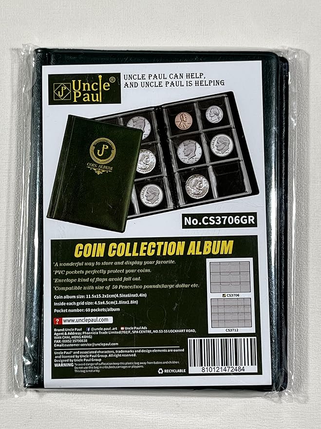 Uncle Paul Coin Album Coin Holder Coin Collection Book for Half Dollar/Small Dollar/50 Pence/Two pounds 60 Pockets CS3706GR