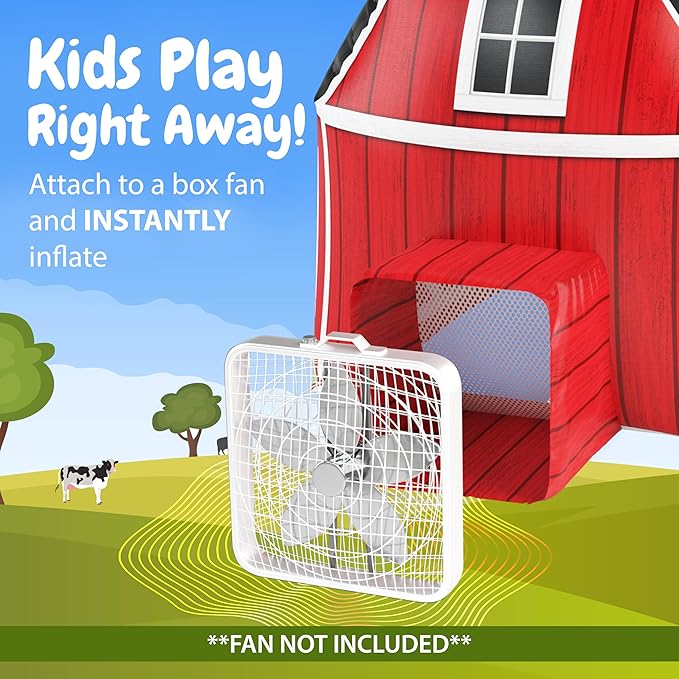 W&O Farmhouse Barn Aerodome with LED Lights & Farm Sound Button – Inflatable Farm Play Tent – Kids Play Tent Indoor – Sets Up in Seconds for Ages 3-12 (Fan Not Included)