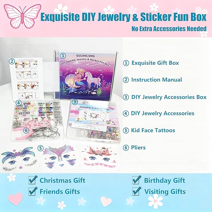 GO2HEJING Charm Bracelet Making Kit for Girls, Jewelry Making Kit for Girls 8-12, Ear Cuff/Necklace Craft Kit, Cute Face Temporary Tattoos for Kids, Mermaid Toys for Teenage Birthday Gift (Ocean)