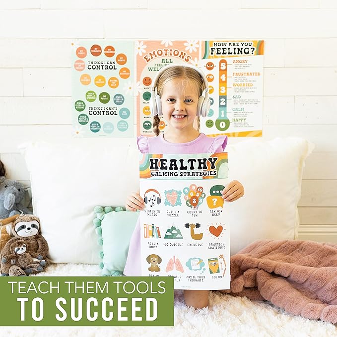 Hadley Designs Feelings Chart For Kids Ages 4-8 - Emotions Chart For Toddlers 3-5, Counseling Feelings Posters For Classroom Calming Corner, Social Emotional Learning Posters, Retro Classroom Decor