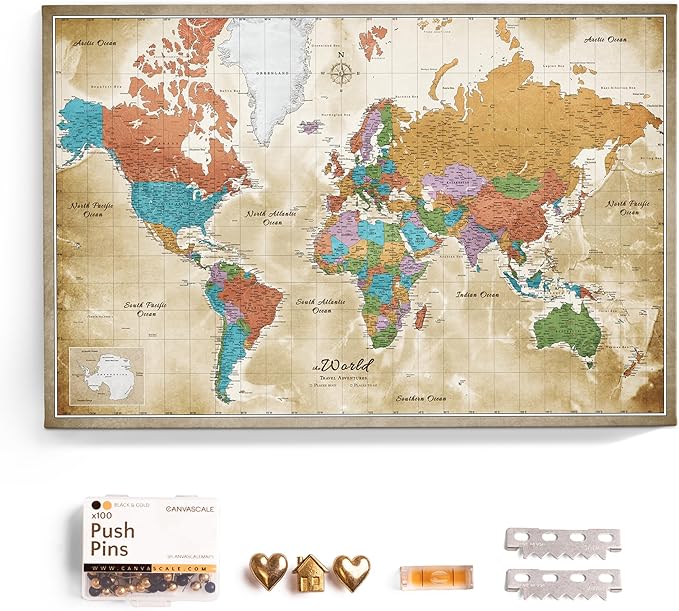 Canvas World Map with Cork Pin Board - English Lettering - Decorative Wall Decoration for All Rooms - Canvas Pictures with World Map Motif (90x60 cm, Pattern 3)