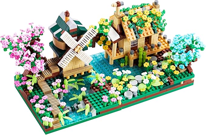 Tree House River Windmill and Port Cabin Model Assembly Blocks Creative DIY Decorative Presents for Street View Adults