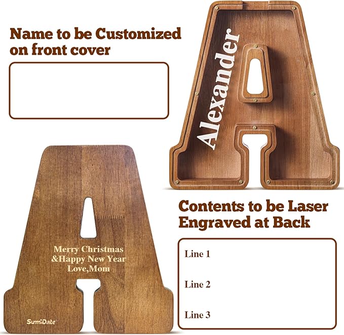 Customized Name Large Wooden Piggy Bank for Kids Boys Girls Alphabets Letter A-Z Coins Bills Money Change Bank Box Initial on Clear Cover (Laser Engraved) (Alphabet-A, Personalized-12)