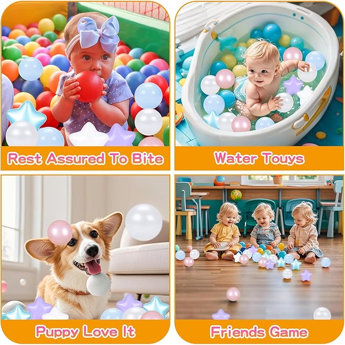 Ball Pit Balls Pack of 100 200 500 - Star and Round Set BPA Free Phthalate Free Non-Toxic Crush Proof Play Balls Soft Plastic Balls for Toddlers Baby Kids Birthday Pool Tent Party