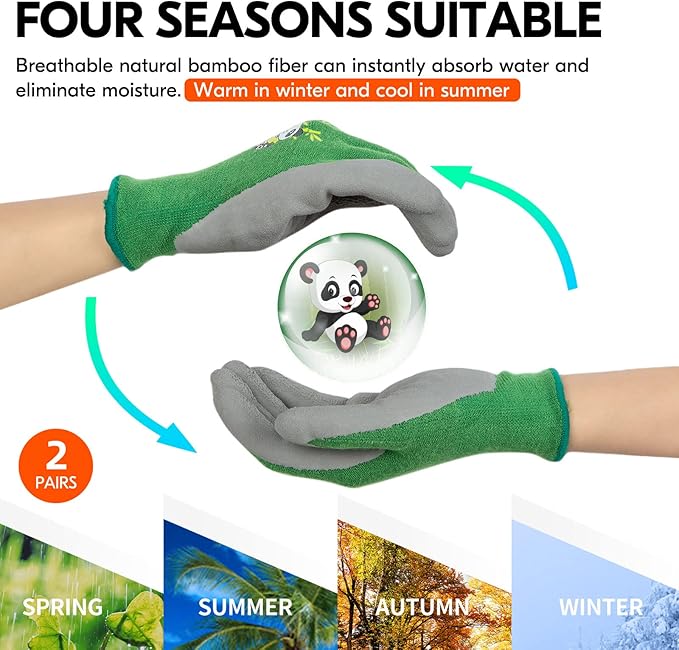 Vgo... 2-Pairs Age 7-9 Kids Garden Gloves, Bamboo Fibre Toddler Gardening Gloves, Children Yard Safety Work Gloves,Rubber(Size XS, Green, KID-RB6026)