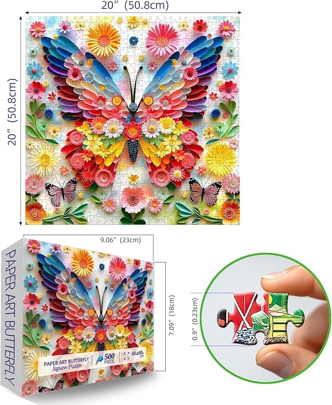 Puzzles for Adults 500 Pieces Colorful Butterfly FlowerJigsaw Puzzles 500 Pieces Difficult Fun Paper Art Unique Beautiful Family Puzzle Challenging Games Gift for Teens Kids Adults (20"x20")