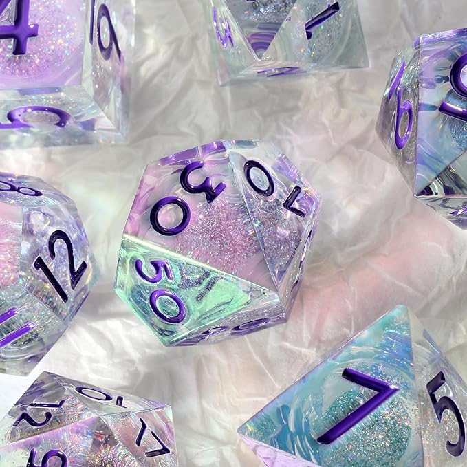 Sharp Edge Dice with Iridescent Plating, DNDND Handmade Liquid Core Resin D&D Dice Set with Dragon Metal Gift Case for Dungeons and Dragon Tabletop Games (Iridescent Plating Liquid)