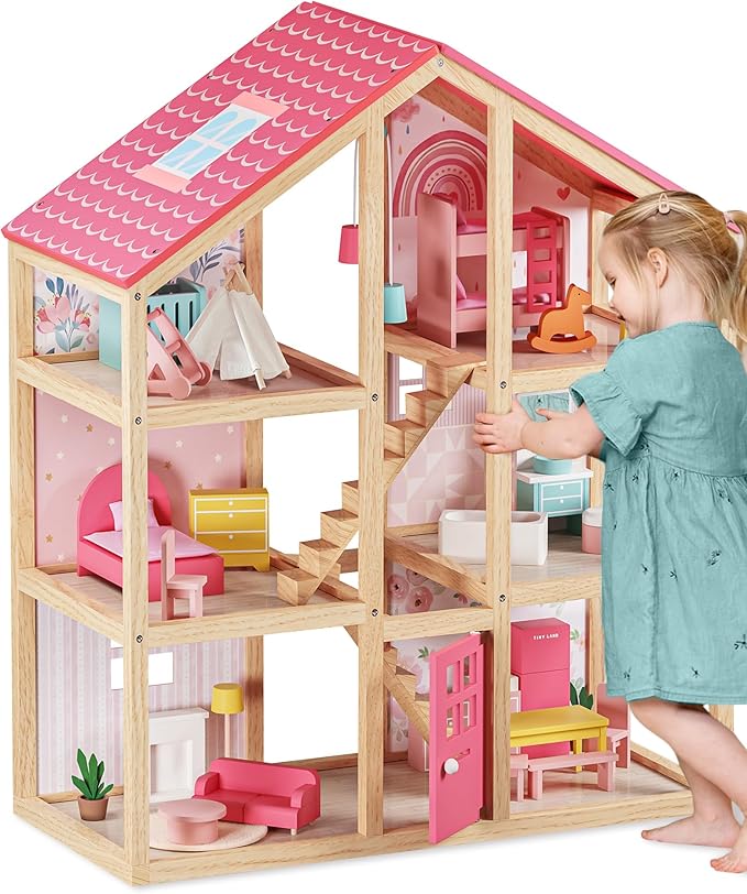 Tiny Land Wooden Dollhouse for Girls - 6 Rooms Wooden Doll House, DIY Pretend Doll House with 31Pcs Furniture Accessories, Creative Gift for Girl Ages 3+