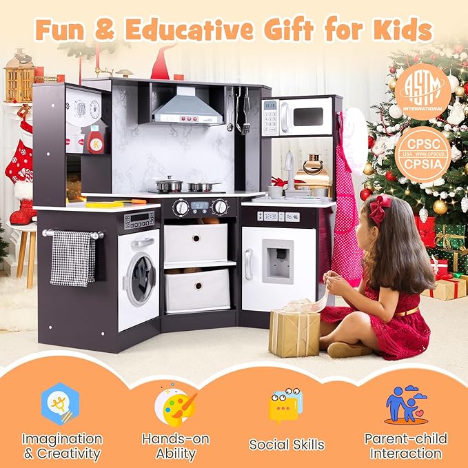 Costzon Corner Play Kitchen, Wooden Toddler Kitchen Playset with Lights and Sounds, Water Circulation System, Washing Machine, Toy Kitchen with Accessories, Kids Kitchen Playset (Brown)