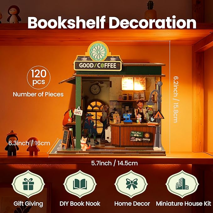 Book Nook Kit - DIY Miniature House Kit for Adults, Dollhouse Booknook Tiny House Bookshelf Decor 3D Wooden Puzzle Street Model, Ideal Gift for Book Lovers, Family, Friends (Coffee Shop)