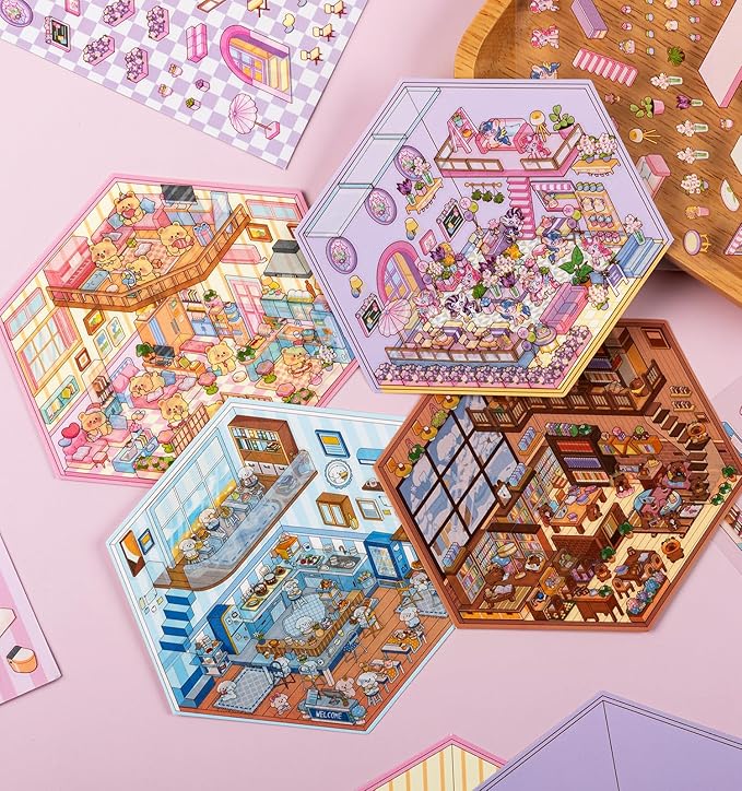 DIY 3D House Stickers, 4 Sets Fun DIY Stickers Scene Make Your Own Mini House Cute Cartoon Animal Scene Sticker for Kids Adult Sticker Art Relief Stress Pass The Time