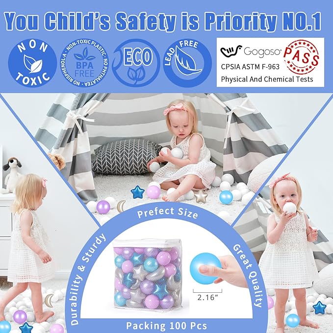 GOGOSO Ball Pit Balls Stars Moon Shapes Plastic Pitballs for Toddler Play Tent Baby Photo Props Kids Pool Water Toys Kiddie Pool Party Decor,Pearl Blue+Pearl Purple+Purple Gray,100PCS