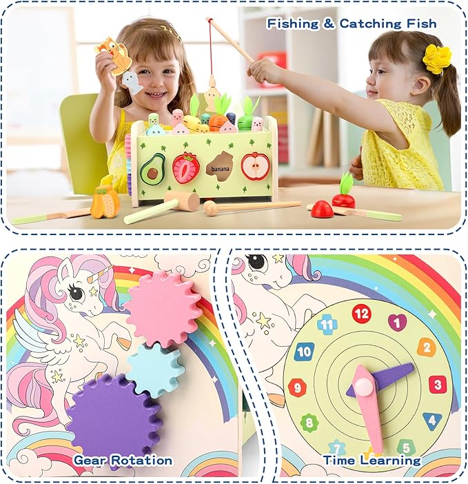 10 in 1 Montessori Toys for Toddlers, Wooden Hammering Pounding Toy with Whack A Mole Game, Xylophone, Fishing and Fruit Recognition Baby Brithday for Toddlers