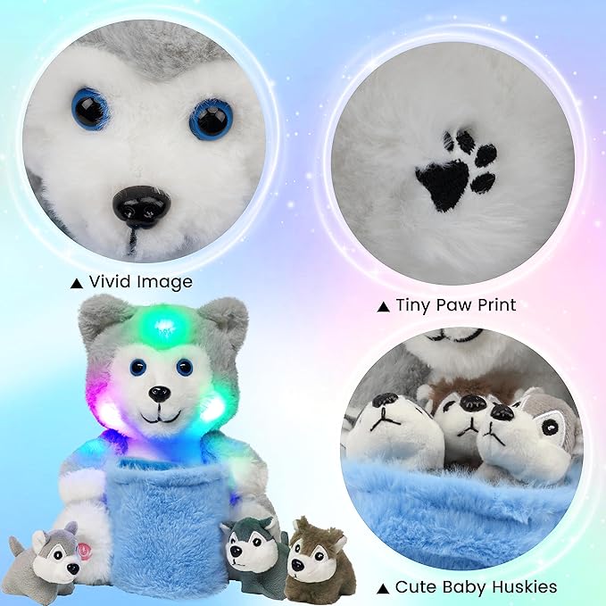 Hopearl LED Plush Husky with Removable Bucket Lighting Up Stuffed Mommy Dog with 3 Baby Puppies in Basket Floppy Stuffed Animal Playset Night Lights Glow in The Dark Birthday Gifts for Kids, 10''