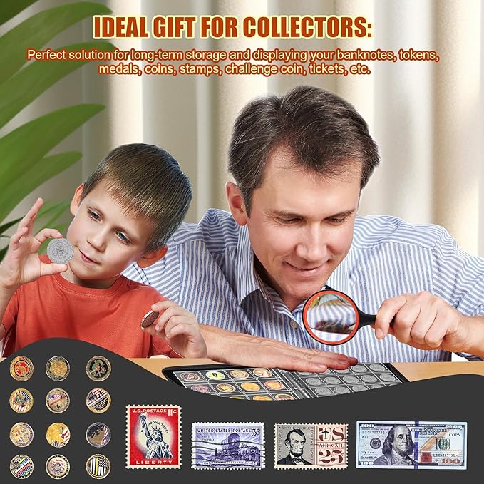 Coin Collection Book Holder for Collectors, 300 Pockets Fireproof Coins Collecting Album & 36 Sleeves Money Storage Case for Coin Currency Collection Supplies, Bill, Pennies, Quarters, Stamp