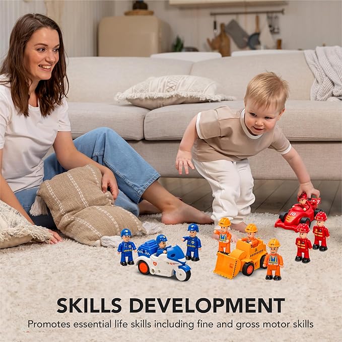 FUNERICA 12-Pcs People Figures and Toy Cars Playset - Fireman, Police, Construction Workers - Pretend Play Vehicle & Figurine Set Accessories for Kids - Emergency Rescue & Construction Toys