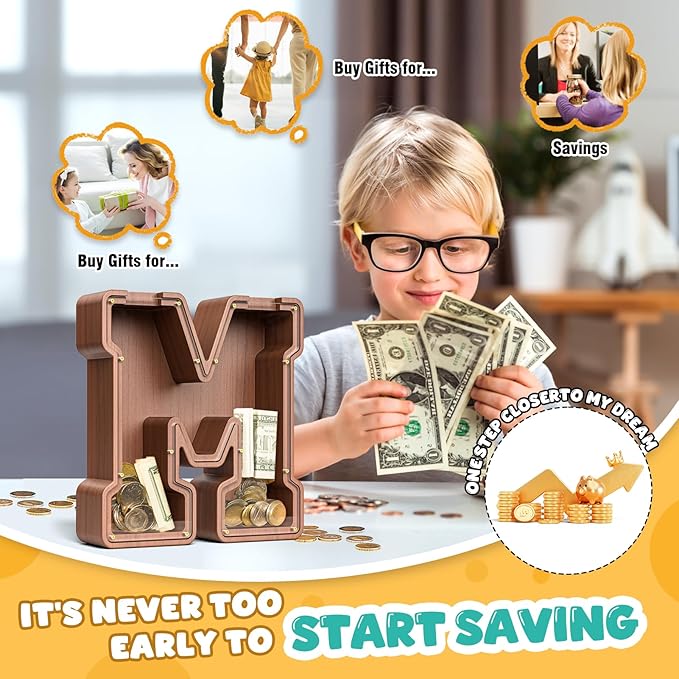 Summidate Wooden Letter Piggy Bank, Extra Thick Large Capacity Piggy Bank for Kids Boys Girls Toddler, Alphabet M Money Bank| Coin Box Birthday, Christmas, Festival