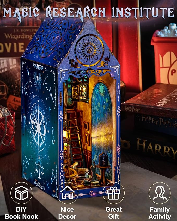 Book Nook Kit Magic Research Institute, DIY Miniature Booknook House Kit for Adults with LED Lights, 3D Wooden Puzzle Bookshelf Insert Decor, Magical Gift for Women Men Teens and Family