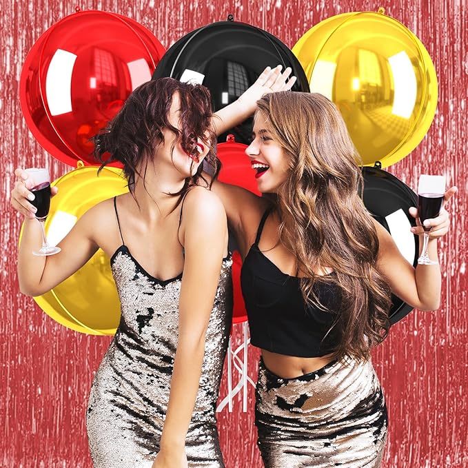 Black Gold Red Giant 4D Foil Balloons, 6 Pcs Large Metallic Black and Gold Round Balloons, 22 Inch Big Round Foil Balloon for Birthday Party Baby Shower Graduation Prom Wedding Decorations