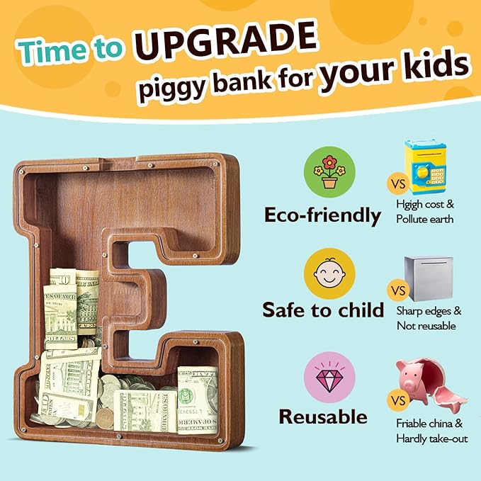 Summidate Large Wooden Piggy Bank for Kids Adults, Alphabets Letter A-Z Piggy Bank for Boys Girls, Coins Bills Change Bank Box Personalized Initial Name Kids Money Bank for Birthday Present and Decor