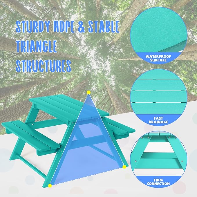 Costaelm Kids Picnic Table, HDPE All Weather Outdoor Toddler Picnic Table and Chair Set Kids Bench for Patio, Backyard, Garden, Lawn, Turquoise