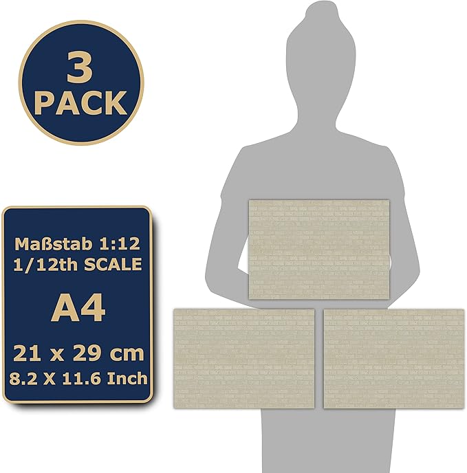 3 Sheets Self-Adhesive Brick Wall Cladding for Dollhouses Scale 1:12 (Sandstone Brick)