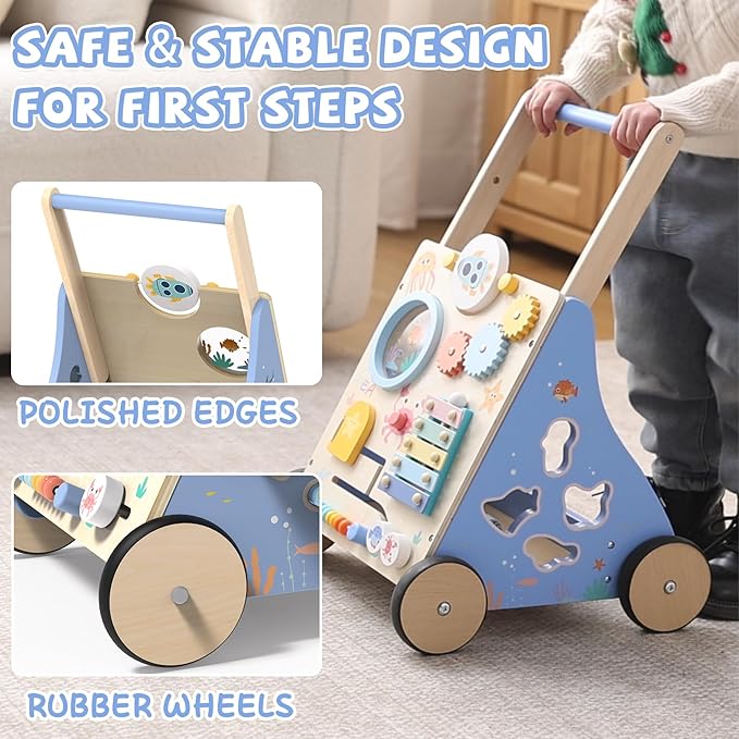 Wooden Baby Walker with Activity Center, Montessori Push Walker Toy for Babies 18 Months+, Sit to Stand Walker with Wheels for Boys & Girls, Infants to Toddler