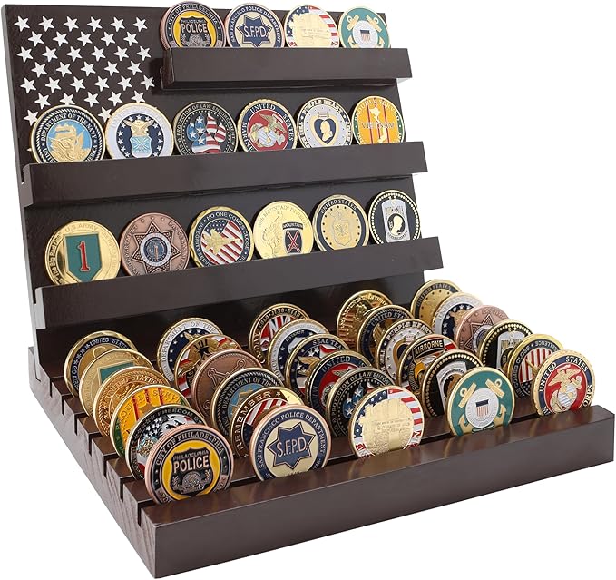 Challenge Coin Display Stand Coin Holder American Flag with Warm Color Holder Wooden Rack Gift for Military Army for Father, Military Coin Holder Display Case