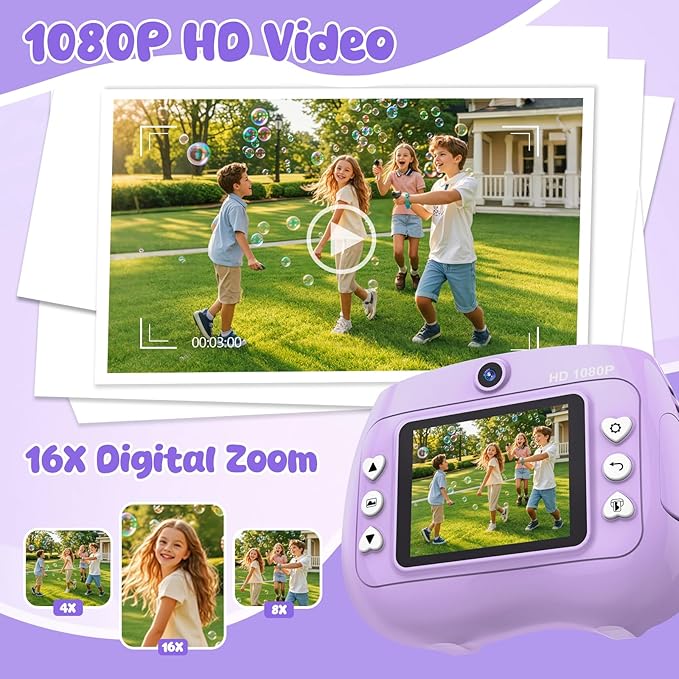 Instant Print Camera for Kids Christmas Birthday Gifts for Girls Boys HD Kids Digital Video Cameras for Toddler, Portable Toy for 3 4 5 6 7 8 9 10 11 12 Year Old with 32GB & 250 Print Paper, Purple