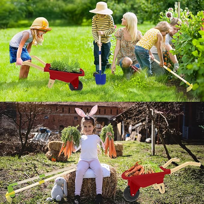 Kids Gardening Tools Outdoor Toys Set Backyard Play with Wheelbarrow Educational STEM Learning Pretend Toys Outdoor Indoor for Toddlers Kids Boys Girls (Red Wheelbarrow Set)