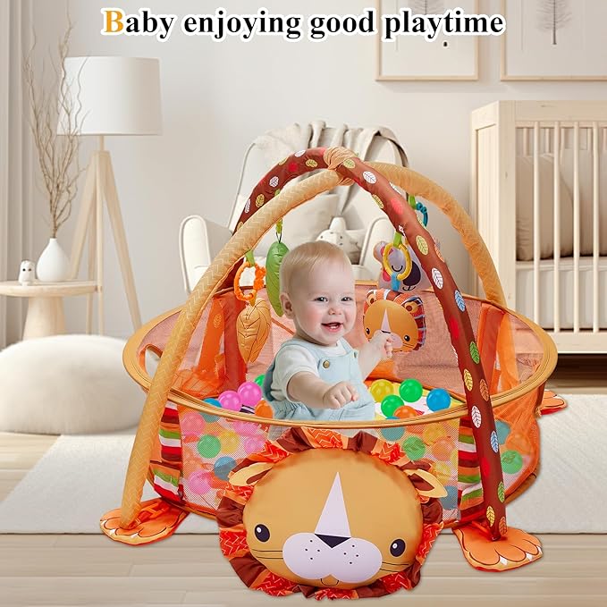 5-in-1 Baby Play Mat,Tummy Time Mat Baby Gym with 30 Balls & 4 Toys,Play Mat for Babies 0-6 Months Baby Play Gym Funny Animal,Lion