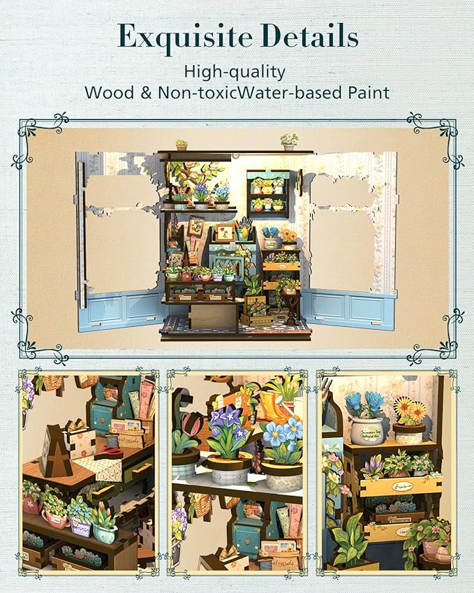 Cutefun Book Nook Kit - DIY Miniature House Kit for Adults and Teens, 3D Wooden Puzzle Mini House Building Kit with LED, Dollhouse Kit Bookshelf Insert Decor Creative Gifts (Anna's Blue Blossom)