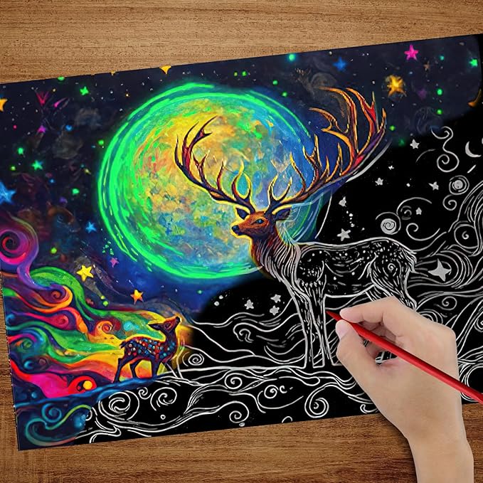 Glow in The Dark Scratch Art Paper,4 Sheets Rainbow Noctilucent Scratch Painting Kit for Adults & Teens,DIY Art Craft (Starry Animals)