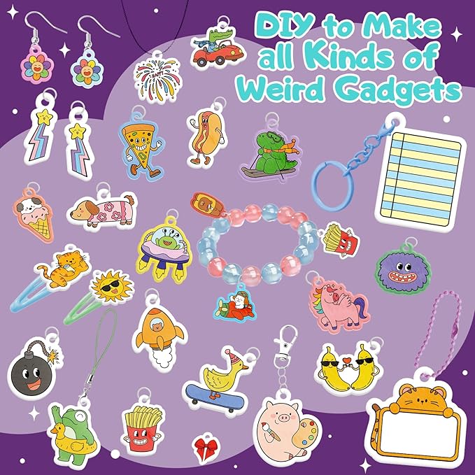 195 Pcs Shrink Plastic Kit with 39 Pre-Cut Patterns,3 Blank Shrink Plastic Sheets,Punch,Scissors,Keychains Lanyards,Tassels,Keychain Making Kit,Shrinky Art Charms,Shrinking Paper Craft Kits DIY Gifts