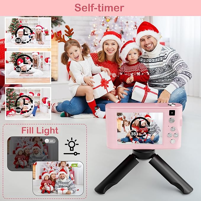 Upgrade Kids Digital Camera, Christmas Birthday Gifts for Girls Age 3-12, HD Digital Selfie Video Cameras for Toddler, Portable Toy for 3 4 5 6 7 8 9 10 Year Old Girl with 32GB SD Card-Pink