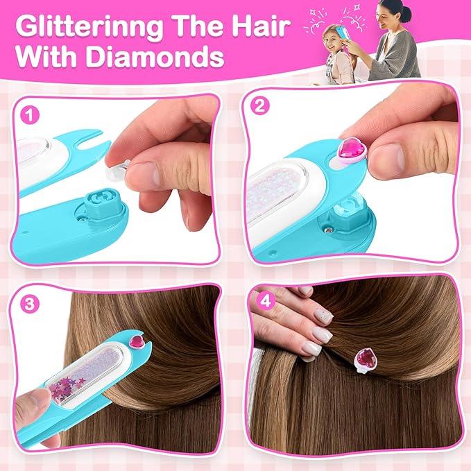Hair Gem Stamper Kit,Bling Hair Jewels for Girls, Hair Styling Tool with Reusable Shining Diamonds, Christmas Birthday Arts & Crafts Gift for 5-12 Year Old Girl(Blue)