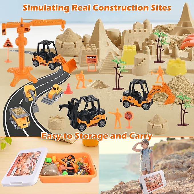 34Pcs Sand Construction Site Kit Sensory Bin Toy for Toddler with 8 Vehicles, 6 Castle Molds, 5 Road Signs, 4 Worker Figures, 2.2lbs Sand, Learning Sand Toys Birthday Gift for Kids Boys Ages 3 4 5