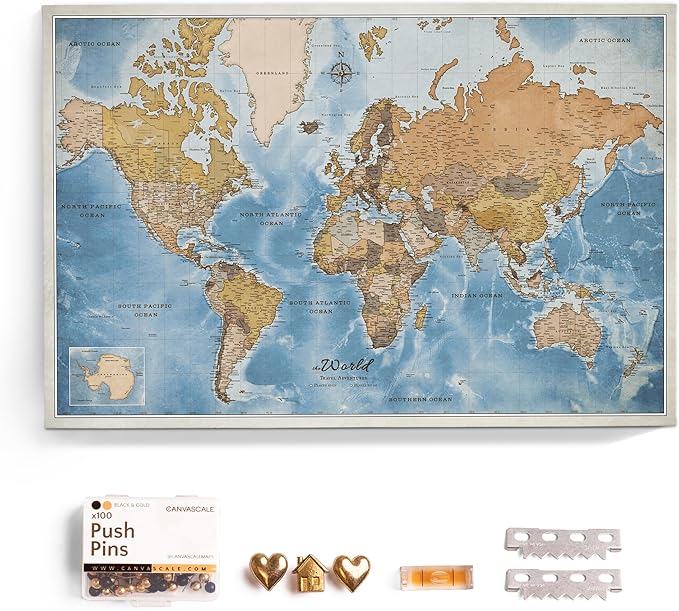 Canvas World Map with Cork Pin Board - English Lettering - Decorative Wall Decoration for All Rooms - Canvas Pictures with World Map Motif (70x50 cm, Pattern 15)