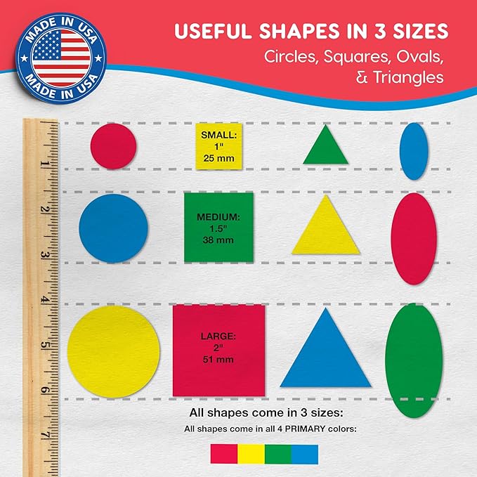 Basic Shapes 1: Circles, Triangles, Squares, Ovals, 676 Pieces US Made Card Stock Punch Out Geometric Shapes in 3 Sizes and 4 PRIMARY Colors for Math, Pattern Play and DIY Crafting