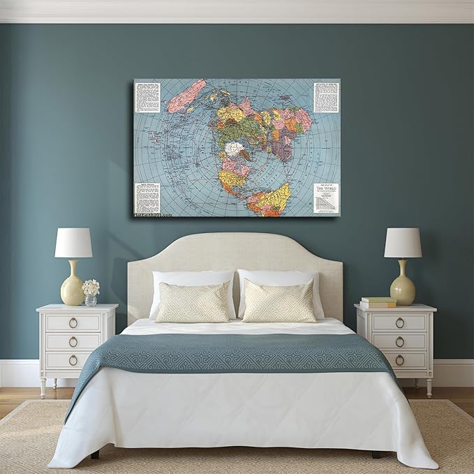 Flat Earth Map of The World Model - 1943 Polar Azimuthal Equidistant Projection Map Art Poster Room Aesthetic Wall Art Canvas Decoration Home Decor Gifts (08x12inch Framed)
