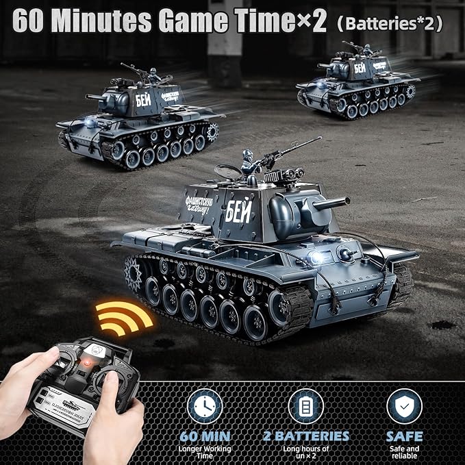 1:18 remote control Tank, 2.4Ghz Soviet Union KV1 RC Tank Model Toys, 15 Channel Battle Army Toy with Smoke, Light and Sound, Military RC Vehicle for Adult and Kid that Shoot BBS and Water Bomb