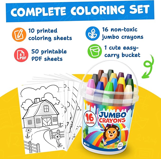 Jumbo Crayons For Toddlers 1-3 - 16pc Toddler Baby Crayons For Kids Ages 4-8 1-3 2-4 - Printed & PDF Coloring Sheets Non Toxic Washable Classroom Must Haves, Christmas Stocking Stuffers For Toddlers